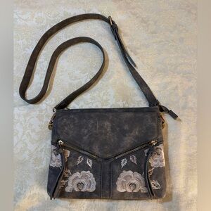 Altar’d State Elegant Distressed Gray Floral Embroidered Crossbody Bag